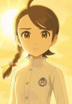  1girl ahoge braid brown_eyes brown_hair buttons closed_mouth commentary_request eyelashes hair_ornament highres jacket juliana_(pokemon) long_hair looking_at_viewer nakikot_t outdoors pokemon pokemon_sv solo sun upper_body white_jacket 