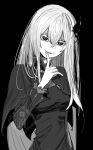  1girl b_c_b_c_b_c black_background breasts echidna_(re:zero) finger_to_mouth greyscale hair_between_eyes hair_ornament high_collar highres long_hair long_sleeves looking_at_viewer medium_breasts monochrome parted_lips re:zero_kara_hajimeru_isekai_seikatsu sidelocks simple_background smile solo thick_eyebrows tight_clothes upper_body very_long_hair white_hair 