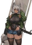  1girl absurdres blue_shorts breasts camouflage camouflage_jacket chance8000 chest_harness closed_mouth commission covered_navel dark-skinned_female dark_skin green_jacket grey_hair gun harness highres jacket large_breasts m60_(machine_gun) machine_gun open_clothes open_fly open_jacket original pouch red_eyes short_hair short_shorts shorts solo tail thighhighs twitter_username weapon 