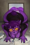 2025 anthro anus big_breasts big_butt breasts butt chelodoy clothed clothing digital_media_(artwork) domestic_cat eyewear felid feline felis female fingers fur genitals glasses hair hi_res huge_butt kara_(chelodoy) looking_at_viewer mammal purple_body purple_fur purple_hair solo text thick_thighs url vulva wide_hips