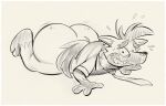 2025 anthro arm_support big_butt birthmark black_and_white black_nose bodily_fluids boss_(twende) bottomless bouncing_butt butt clothed clothing eye_bags eyebrows fur hair hi_res huge_butt hyena long_hair looking_at_viewer looking_back lying male mammal markings mature_male monochrome mostly_nude necktie nervous nondelismell notched_ear nude on_front pawpads pointy_ears presenting presenting_hindquarters question_mark raised_eyebrows rear_view shirt simple_background sketch slightly_chubby smile solo sweat tail tail_aside teeth toony topwear twende_(series) white_background