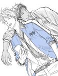  2boys ^_^ a_jou aomine_daiki arm_on_another&#039;s_shoulder arm_up belt belt_buckle buckle cellphone closed_eyes collared_jacket collared_shirt commentary_request cowboy_shot dark-skinned_male dark_skin drinking_straw drinking_straw_in_mouth fingernails highres holding holding_phone jacket juice_box kise_ryouta kuroko_no_basuke looking_to_the_side male_focus multiple_boys necktie open_collar open_mouth pants phone shirt shirt_tucked_in short_hair sideways_glance simple_background sketch spot_color teeth tongue upper_teeth_only watch white_background wing_collar wristwatch 