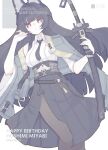  1girl absurdres animal_ear_fluff animal_ears aqua_jacket black_hair black_necktie black_pantyhose black_skirt blunt_bangs collared_shirt fox_ears fox_girl happy_birthday high-waist_skirt highres holding holding_sword holding_weapon hoshimi_miyabi jacket katana long_hair lying necktie on_back open_clothes open_jacket pantyhose red_eyes shirt skirt sleeves_rolled_up sword weapon white_shirt zenless_zone_zero zzzii0 