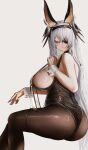  1girl animal_ear_hairband animal_ears artist_name ass azur_lane black_leotard black_pantyhose breasts eyepatch fake_animal_ears fritz_rumey_(azur_lane) fritz_rumey_(schwarzes_kaninchen)_(azur_lane) hairband highres kainines large_breasts leotard looking_at_viewer official_alternate_costume pantyhose playboy_bunny rabbit_ear_hairband rabbit_ears red_eyes sideboob simple_background smile solo thigh_strap white_background white_wrist_cuffs wrist_cuffs 