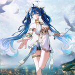  1girl absurdres ahoge ancient_greek_clothes armlet bare_shoulders bird black_skirt blue_eyes blue_hair breasts chromatic_aberration cleavage closed_mouth commentary foot_out_of_frame gold_bra gradient_hair greco-roman_clothes hair_belt hair_between_eyes head_wreath highres iuno_(wuthering_waves) jewelry long_hair looking_at_viewer medium_breasts miniskirt multicolored_hair nervi_fd outdoors serious showgirl_skirt skirt sky solo thigh_gap thighlet thighs twintails very_long_hair white_bird wuthering_waves 