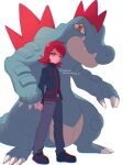  blue_jacket closed_mouth feraligatr hat highres jacket long_sleeves male_focus mikakami1e pants pokemon pokemon_(creature) pokemon_hgss purple_pants red_eyes red_hair shirt short_hair silver_(pokemon) turtleneck turtleneck_jacket 