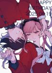  1boy 1girl black_bow black_hair black_hairband black_sailor_collar bow bowtie brother_and_sister dated english_text eyelashes hair_bow hairband happy_birthday hashtag-only_commentary highres holding_hands jacket long_hair long_sleeves pink_eyes pink_hair red_jacket red_shirt rotational_symmetry sailor_collar sailor_shirt shirt short_hair siblings taki_(takiki_0w0) the_hundred_line_-last_defense_academy- tsukumo_ima tsukumo_kako twins white_bow white_bowtie 