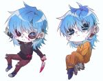  1boy black_shirt blood blood_on_clothes blood_on_face blood_on_hands blood_on_knife blue_eyes blue_hair blue_shoes chain chibi chibi_only closed_mouth colored_skin cuffs ear_piercing earrings frown full_body grey_skin handcuffs holding holding_knife jewelry jumpsuit knife long_sleeves looking_at_viewer male_focus medium_hair multiple_views oboreru_syake orange_pants orange_shirt pants piercing prison_clothes sal_fisher sally_face shackles shirt shoes torn_clothes torn_pants white_background 