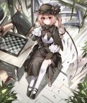  1girl absurdres alternate_costume ascot black_ascot black_gloves blonde_hair board_game bow chair chess chessboard crystal crystal_wings dress flandre_scarlet frills from_above full_body gloves hat highres indoors long_hair long_sleeves looking_at_viewer mary_janes mob_cap puffy_sleeves red_eyes ribbon shirt shoes side_ponytail sitting skirt solo thighhighs top-exerou touhou white_thighhighs wings 