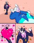 2025 3_panel_comic 4_fingers anthro arms_bent bent_arm black_clothing black_eyes black_eyewear black_facial_hair black_hair_bow black_hat black_headwear black_mustache black_sunglasses blowing_kiss blue_clothing blue_suit blue_tail blue_trenchcoat bow_tie buckteeth clothed clothed_anthro clothed_male clothing colored comic crossover derp_eyes digital_media_(artwork) duo english_description eyes_closed eyewear facial_hair fingers fur gesture ghost grey_hair hair hand_gesture hand_pawpads hands_together hat headgear headwear hearts_around_body hi_res holidays hybrid kiss_mark_on_face lagomorph leaf light lighting long_ears male male/male male_anthro mammal mario_bros mario_plus_rabbids_kingdom_battle mario_plus_rabbids_sparks_of_hope medium_hair mustache nintendo noseless onomatopoeia orange_body overweight overweight_anthro overweight_male patch_(fabric) pawpads phantom_of_the_bwahpera pink_background pink_bow_tie rabbid randomrabbidramblings raving_rabbids rayman_(series) shaded simple_background smoke sound_effects sparkles spirit standing suit sunglasses t.s._woodrow tail tan_inner_ear tan_pawpads teeth text thumbs_up ubisoft valentine&#039;s_day white_body white_fur