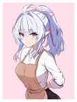  1girl absurdres ahoge apron arms_behind_back blush breasts dryas_(dryas_starfield) fate/grand_order fate_(series) highres long_hair looking_at_viewer medium_breasts merlin_(fate/prototype) pink_eyes ponytail smile solo white_hair 
