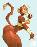 2025 4:5 5_fingers anthro arm_wraps artist_name big_breasts breasts brown_body brown_fur chest_wraps clothing dipstick_tail ear_piercing ear_ring eyebrows eyelashes female fingers fur half-closed_eyes haplorhine hi_res huge_thighs looking_aside mammal markings monkey motion_lines narrowed_eyes navel piercing primate ring_piercing smile solo standing tail tail_markings teeth text thick_thighs thong underwear watermark wraps ze0metric