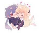 2girls animal_ears black_jacket blonde_hair blush chibi chibi_only commentary_request dog_ears dog_girl dog_tail ear_blush emptyayya heart highres hug jacket kiss kissing_cheek long_hair multiple_girls one_eye_closed pink_eyes purple_hair simple_background sky_striker_ace_-_raye sky_striker_ace_-_roze tail tail_wagging white_background white_jacket yu-gi-oh! yuri 