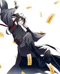  1boy absurdres ahoge arm_up beaugi between_fingers black_boots black_hair black_hanfu black_pants boots chinese_clothes falling floating_clothes floating_hair grey_eyes grin hair_ribbon hands_up hanfu highres holding holding_ofuda kuji-in long_hair looking_at_viewer male_focus modao_zushi ofuda ofuda_between_fingers pants ponytail red_ribbon ribbon robe sash shoe_soles sleeves_past_wrists smile solo talisman wei_wuxian white_background wide_sleeves 