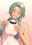  1boy :d arms_up gradient_background green_eyes green_hair grin happy head_tilt heart holding holding_stuffed_toy incoming_gift looking_at_viewer low_ponytail male_focus our_life:_beginnings_and_always ponytail ryuuieu smile solo stuffed_toy swept_bangs tanktop_master tattoo tattoo_sleeve upper_body 