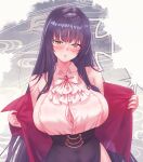  1girl absurdres alvitr_(azur_lane) alvitr_(muspel&#039;s_torrid_secrets)_(azur_lane) arbiter1 ascot azur_lane bare_shoulders black_hair black_skirt blush breasts brooch button_gap glasses highres jacket jewelry large_breasts long_hair looking_at_viewer office_lady official_alternate_costume partially_unbuttoned pencil_skirt red_brooch red_eyes red_jacket rimless_eyewear shirt sideboob sideboob_cutout sideless_shirt sitting skirt sleeveless sleeveless_shirt solo thighs underbutt very_long_hair white_ascot white_shirt 
