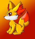 2013 3_toes amber_eyes ambiguous_gender black_nose devil-vox digital_drawing_(artwork) digital_media_(artwork) feet fennekin feral fur generation_6_pokemon gradient_background inner_ear_fluff nintendo pokemon pokemon_(species) raised_tail red_body red_fur red_inner_ear_fluff red_tail simple_background sitting smile solo tail toes tuft two_tone_tail white_body white_fur yellow_body yellow_ears yellow_fur yellow_tail
