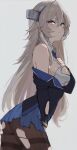  1girl black_jacket blue_necktie blue_skirt breasts collared_shirt dress_shirt grey_background grey_eyes grey_hair headgear jacket kantai_collection long_hair looking_at_viewer medium_breasts necktie neju pantyhose shirt simple_background skirt sleeveless sleeveless_shirt solo thighband_pantyhose torn_clothes washington_(kancolle) white_shirt 