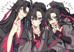  3boys ;d absurdres ahoge bentuudayo bishounen black_hair black_hanfu blush chinese_clothes fang grin hair_between_eyes hair_down hair_ribbon half_updo hand_on_another&#039;s_shoulder hand_on_own_face hand_up hanfu high_ponytail highres long_hair long_sleeves looking_at_viewer male_focus modao_zushi multiple_boys multiple_persona notice_lines official_alternate_hairstyle one_eye_closed open_mouth parted_bangs ponytail purple_eyes red_ribbon ribbon robe sidelocks simple_background skin_fang sleeves_past_wrists smile upper_body v very_long_hair w wei_wuxian wei_wuxian_(yiling_laozu) white_background wide_sleeves 