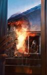  2boys blue_hair burning commentary evil_smile fire highres horror_(theme) house huli_xiaobai jujutsu_kaisen long_hair looking_at_another looking_at_viewer mahito_(jujutsu_kaisen) multiple_boys reflection scared smile stitched_face stitches 