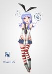  1girl absurdres anger_vein black_hairband black_neckerchief black_panties blue_eyes blue_hair blue_sailor_collar blue_skirt cosplay crop_top elbow_gloves gloves hairband hatsukaze_(kancolle) highleg highleg_panties highres kantai_collection long_hair looking_at_viewer microskirt navel neckerchief panties pleated_skirt sailor_collar shimakaze_(kancolle) shimakaze_(kancolle)_(cosplay) skirt solo speech_bubble spoken_anger_vein striped_clothes striped_thighhighs thighhighs thong underwear white_gloves yuushou 