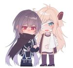  2girls arm_sling bandage_over_one_eye bandaged_arm bandages black_boots black_cape black_coat black_gloves blonde_hair blue_eyes blush boots cape coat commentary_request emptyayya fang geryuganshoop gloves highres holding_hands long_hair multiple_girls open_mouth red_eyes shirt simple_background sky_striker_ace_-_raye sky_striker_ace_-_roze tears thigh_boots white_background white_shirt yu-gi-oh! 