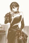  1girl bare_shoulders breasts breasts_apart chain chain_necklace chinese_commentary clothing_cutout collarbone commentary cowboy_shot cupcake deren_(eclat_eminence)_(path_to_nowhere) deren_(path_to_nowhere) detached_collar detached_sleeves dress earrings food hair_behind_ear hair_between_eyes heart heart_necklace highres holding holding_food holding_wallet jewelry linea_alba looking_at_food looking_down medium_breasts miaotae monochrome multiple_necklaces nail_polish necklace nervous official_alternate_costume path_to_nowhere ring simple_background single_sidelock sleeves_past_wrists solo stomach_cutout strapless strapless_dress sweat table tablecloth tiered_tray wallet 