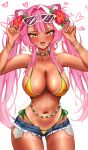  1girl alternate_skin_color animal_ear_fluff animal_ears bare_shoulders bead_choker beads bikini bikini_under_clothes bikini_under_shorts blush bracelet brazilian_flag brazilian_flag_print brazilian_miku brazilian_miku_(cosplay) breasts cleavage cosplay cutoffs dark-skinned_female dark_skin denim denim_shorts earrings eyeshadow eyewear_on_head flag_print flower green_nails green_trim hair_flower hair_intakes hair_ornament hatsune_miku highres hololive hololive_english jewelry large_breasts long_hair looking_at_viewer lowleg lowleg_shorts makeup meowmaffura multicolored_hair multiple_bracelets nail_polish navel open_mouth panther_ears panther_girl panther_tail pink_eyeshadow pink_hair raora_panthera rectangular_earrings shorts shorts_tan simple_background smile solo streaked_hair sunglasses swimsuit tail tan tanline_peek tanlines twintails virtual_youtuber vocaloid white-framed_eyewear white_background white_hair yellow_eyes yellow_nails 