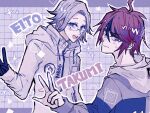  2boys :d ahoge aotsuki_eito black_gloves black_streaks blue_eyes blue_jacket blush breast_pocket character_name drawstring glasses gloves grey_eyes grey_hair grey_jacket grid_background hand_up hood hoodie jacket letterboxed looking_at_viewer male_focus multicolored_hair multicolored_jacket multiple_boys outline outside_border pocket purple_background red_hair short_hair smile sparkle streaked_hair sumino_takumi sweatdrop teeth the_hundred_line_-last_defense_academy- three-finger_salute two-tone_jacket upper_teeth_only v white_hoodie white_jacket white_outline xima2ssk 