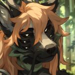 1:1 6_eyes ambiguous_gender anthro black_body black_eyes black_fur blurred_background bust_portrait corzh77 dragon front_view fur furred_dragon furred_scalie green_markings hair hi_res looking_at_viewer markings mouth_closed multi_eye mythological_creature mythological_scalie mythology orange_hair outside plant portrait pupils scalie solo tree white_pupils