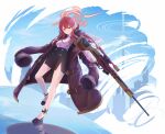  1girl aru_(blue_archive) black_skirt blue_archive breasts closed_mouth coat coat_on_shoulders collared_shirt demon_horns full_body fur-trimmed_coat fur_trim gun halo high_heels holding holding_gun holding_weapon horns long_hair long_sleeves looking_at_viewer pencil_skirt pink_hair red_hair rifle scope shirt skirt smile sniper_rifle solo tooto_(ryuto333) weapon white_shirt yellow_eyes 