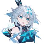  1girl :o bare_shoulders blue_eyes cerydra_(honkai:_star_rail) crown grey_hair hair_intakes head_tilt highres honkai:_star_rail honkai_(series) long_hair looking_at_viewer mini_crown open_mouth s_roma_yasu simple_background sleeveless solo upper_body white_background 