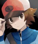  1boy black_shirt blue_jacket brown_eyes brown_hair closed_mouth hand_on_headwear hand_up hat highres hilbert_(pokemon) jacket long_sleeves looking_to_the_side male_focus nakikot_t pokemon pokemon_bw shirt short_hair solo strap upper_body zipper_pull_tab 