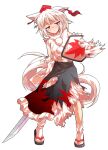  1girl alphes_(style) animal_ears blush broken broken_weapon commentary_request crying dairi defeat detached_sleeves full_body half-closed_eyes hat highres holding holding_shield holding_sword holding_weapon inubashiri_momiji katana large_variant_set leaf_print light_frown long_skirt maple_leaf_print messy_hair parody pom_pom_(clothes) sandals shield skirt solo standing straight-on style_parody sword tachi-e tail tokin_hat torn_clothes torn_skirt touhou transparent_background variant_set weapon white_hair white_tail wolf_ears wolf_girl wolf_tail 