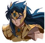  1boy aquarius_camus armor blue_eyes blue_gemstone blue_hair forehead_jewel frown gem gold_armor gold_cloth gold_helmet gold_saint highres kaitotenjoirl long_hair looking_at_viewer male_focus pauldrons portrait saint_seiya shoulder_armor solo v-shaped_eyebrows 