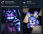 absurd_res ambiguous_gender angry animatronic anthro bear blue_body blue_eyes blueji bow_tie clothing countershading digital_drawing_(artwork) digital_media_(artwork) duo english_text fake_screencap five_nights_at_freddy&#039;s funtime_freddy_(fnafsl) gesture hand_gesture hat headgear headwear hi_res inside lagomorph leporid machine male male_(lore) mammal meme middle_finger pink_body pink_countershading puppet_bonnie_(fnafsl) purple_eyes rabbit reverse_countershading robot robot_anthro scottgames shaded sister_location text top_hat white_body