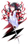  1girl black_hair closed_mouth commentary_request dairi full_body ghost_tail hair_ribbon holding holding_sword holding_weapon horns japanese_clothes katana kimono konngara_(touhou) large_variant_set light_smile long_sleeves looking_at_viewer ponytail red_eyes red_horns red_kimono red_ribbon ribbon sash short_hair simple_background single_horn solo sword tachi-e touhou touhou_(pc-98) transparent_background variant_set weapon white_sash white_sleeves wide_sleeves 