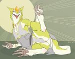 anthro claws clothing colored dlrp99 fangs feet foot_grab fur hi_res jewelry looking_at_viewer male open_mouth presenting raised_leg sergal signature smile solo spread_legs spreading tail teeth tongue