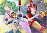  1girl 2boys armlet armor artist_name bikini black_hair blue_pants blue_shirt blue_sky breastplate breasts brown_eyes capelet circlet cleavage clenched_hands cloud commentary_request dark_clouds earrings electricity faulds forehead_protector gauntlets green_eyes green_hair hand_up highres holding holding_sword holding_weapon jewelry lakshu lightning long_hair medium_breasts multiple_boys neck_ring pants parted_lips pauldrons pink_bikini pink_capelet purple_eyes purple_hair purple_lightning red_armor shirt short_hair shoulder_armor shura-oh_shurato signature sky smile split_theme standing swimsuit sword tenkuu_senki_shurato wavy_hair weapon white_armor yasha-oh_gai yoshinaga_masahiro 