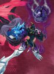  absurdres black_cape cape chest_jewel digimon digimon_(creature) enrike_(enrique_mr_blue) highres mecha omegamon omegamon_zwart red_background red_cape red_eyes robot simple_background solo transformation 
