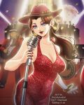  1girl bare_arms blue_eyes breasts brown_hair cleavage collarbone dress earrings eyeshadow fedora floating_earrings gold_earrings halter_dress halterneck hat highres jewelry long_hair makeup mario_(series) pauline_(mario) purple_eyeshadow red_dress red_hat red_lips red_nails smile solo_focus super_mario_odyssey taut_clothes taut_dress theskywaker 