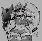2025 4_fingers anaugi anthro arm_tuft asian_clothing big_breasts blackgate_(anaugi) blaster bottomwear bracelet breasts canid canine canis claws clothing ear_piercing east_asian_clothing elbow_tuft female finger_claws fingers gakuran garter_straps grey_background greyscale hair hair_over_eye hi_res japanese_clothing japanese_school_uniform jewelry long_hair makeup mammal mascara monochrome navel navel_piercing piercing red_eyes school_uniform shorts simple_background solo spiked_bracelet spikes thick_thighs tipping_hat topwear tuft uniform vest wide_hips wolf