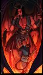  2boys baldur&#039;s_gate baldur&#039;s_gate_3 black_border black_hair black_horns black_sclera black_shirt blue_jacket border character_request check_character closed_mouth collarbone colored_sclera colored_skin commentary demon_boy demon_horns demon_tail demon_wings dungeons_&amp;_dragons english_commentary feet_out_of_frame fire glowing glowing_eyes hand_up highres holding holding_polearm holding_weapon horns jacket light_particles long_sleeves looking_at_viewer male_focus medium_hair multiple_boys muscular muscular_male orange_sash pants pectoral_cleavage pectorals pointy_ears polearm raphael_(baldur&#039;s_gate) red_skin red_sleeves red_wings shirt sitting skull_belt smile tail tworain_w weapon wings yellow_eyes 