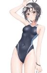  1girl absurdres aburi-gatana antenna_hair arm_up black_hair bracelet breasts collarbone competition_swimsuit covered_navel cowboy_shot eyewear_on_head goggles goggles_on_head highres idolmaster idolmaster_(classic) jewelry kikuchi_makoto one-piece_swimsuit parted_lips short_hair simple_background solo standing swim_goggles swimsuit white_background 