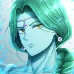  1boy androgynous aoki_arisa aqua_skin artist_name blue_fire braid circlet closed_mouth collarbone colored_eyelashes colored_skin commentary_request dragon_ball dragon_ball_z earrings fire gem gradient_background green_hair grey_background highres jewelry looking_at_viewer looking_to_the_side male_focus parted_hair purple_gemstone saiyan_armor silver_circlet single_braid solo sphere_earrings upper_body white_background yellow_eyes zarbon 