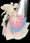  1boy 1girl absurdres alien_stage arm_cutout black_background black_pants blonde_hair blue_hair colored_extremities commentary_request dancing dress forehead_jewel hair_ribbon highres long_hair long_sleeves luka_(alien_stage) mawahamchan mizi_(alien_stage) multicolored_hair pants pink_dress pink_hair ribbon shirt short_hair two-tone_dress two-tone_hair very_long_hair white_dress white_ribbon white_shirt yellow_eyes 