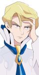  1boy ascot blonde_hair blue_ascot blue_eyes closed_mouth commentary_request hand_on_own_head hand_up high_collar highres hot jacket long_sleeves loose_hair_strand male_focus nakikot_t pokemon pokemon_xy short_hair siebold_(pokemon) simple_background solo sweat upper_body white_background white_jacket 