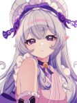  1girl blush breasts commentary genshin_impact grey_hair hair_between_eyes highres long_hair looking_at_viewer nihongami parted_lips pointy_ears purple_eyes simple_background sleeveless solo symbol-shaped_pupils upper_body very_long_hair white_background woolly_(ll_0o0) yumemizuki_mizuki 