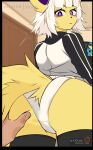 absurd_res anthro big_butt blush butt butt_grab clothed clothing disembodied_hand eeveelution electronics female fur generation_1_pokemon hair hand_on_butt hi_res humanoid_hands jolteon legwear looking_back mochii_tiger mostly_offscreen_character nintendo nintendo_switch offscreen_male panties pokemon pokemon_(species) pokemorph rear_view solo stockings tail thick_thighs underwear white_hair wide_hips yellow_body yellow_fur