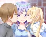  1boy 2girls ^_^ absurdres blonde_hair blue_dress blue_flower blurry blurry_background blush boy_and_girl_sandwich brick_wall brown_hair closed_eyes closed_mouth collarbone commentary double_cheek_kiss dress eyebrows_hidden_by_hair flower flower_wreath hair_between_eyes hair_intakes happy head_wreath highres kiss kissing_cheek long_hair looking_down lower_teeth_only miraikanai mizuori_shizuku multiple_girls open_mouth profile puffy_short_sleeves puffy_sleeves purple_eyes purple_hair ringed_eyes sandwiched shirt short_hair short_sleeves sidelocks smile summer_pockets takahara_hairi teeth tsumugi_wenders twintails upper_body white_shirt 